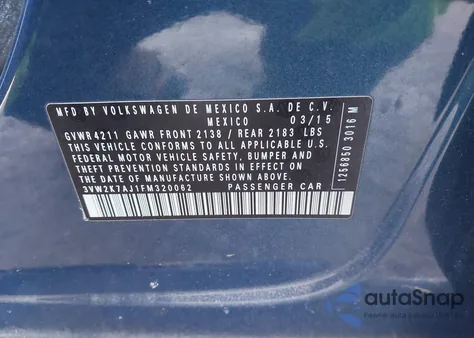 2015 Volkswagen Jetta 2.0L S z USA, uszkodzony, nr VIN 3VW2K7AJ1FM320062